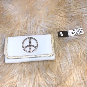 White peace sign clutch faux leather and bling.